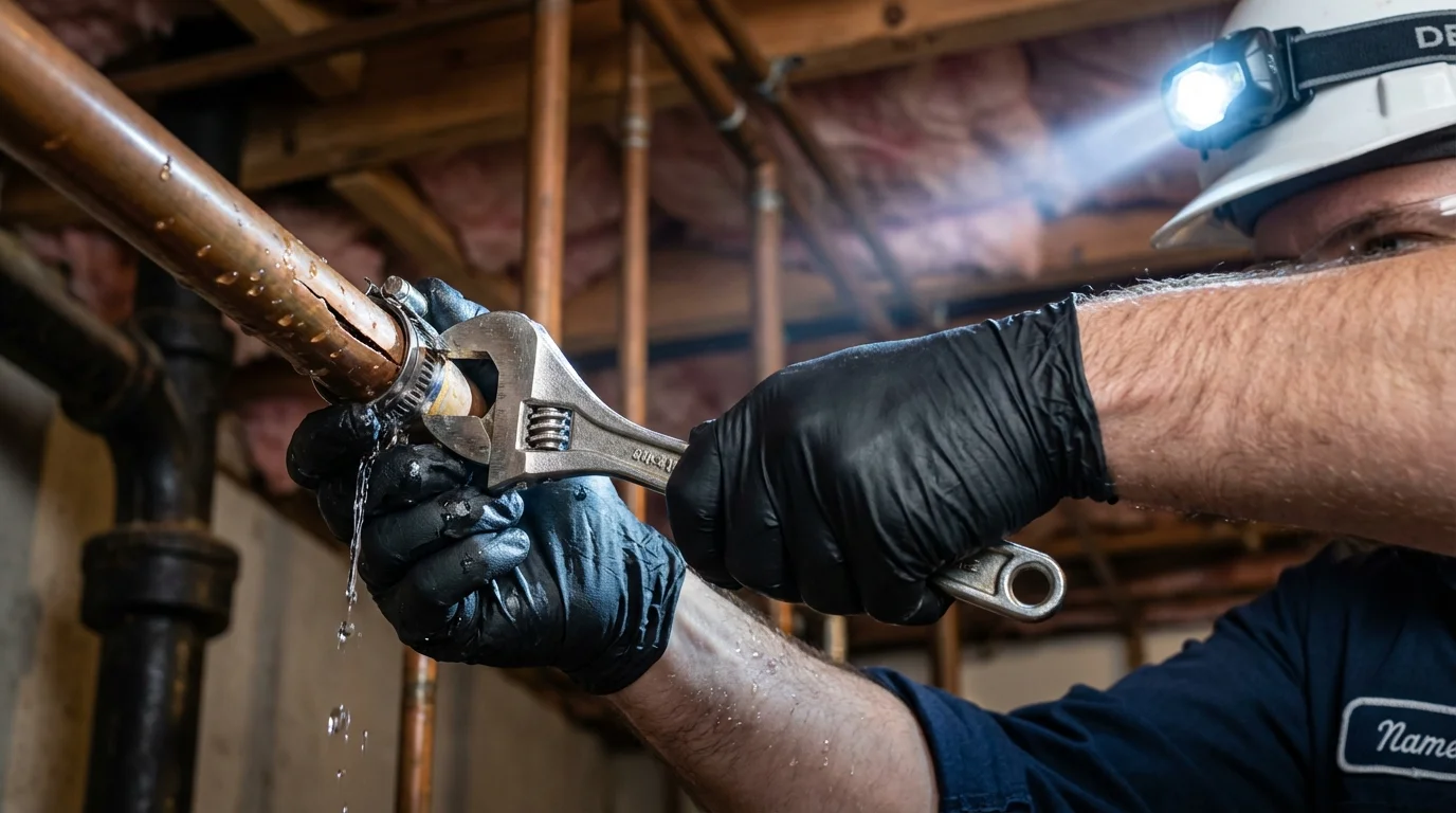 Emergency pipe clamp repair being performed by a Johns Plumbing LLC plumber in Palmdale