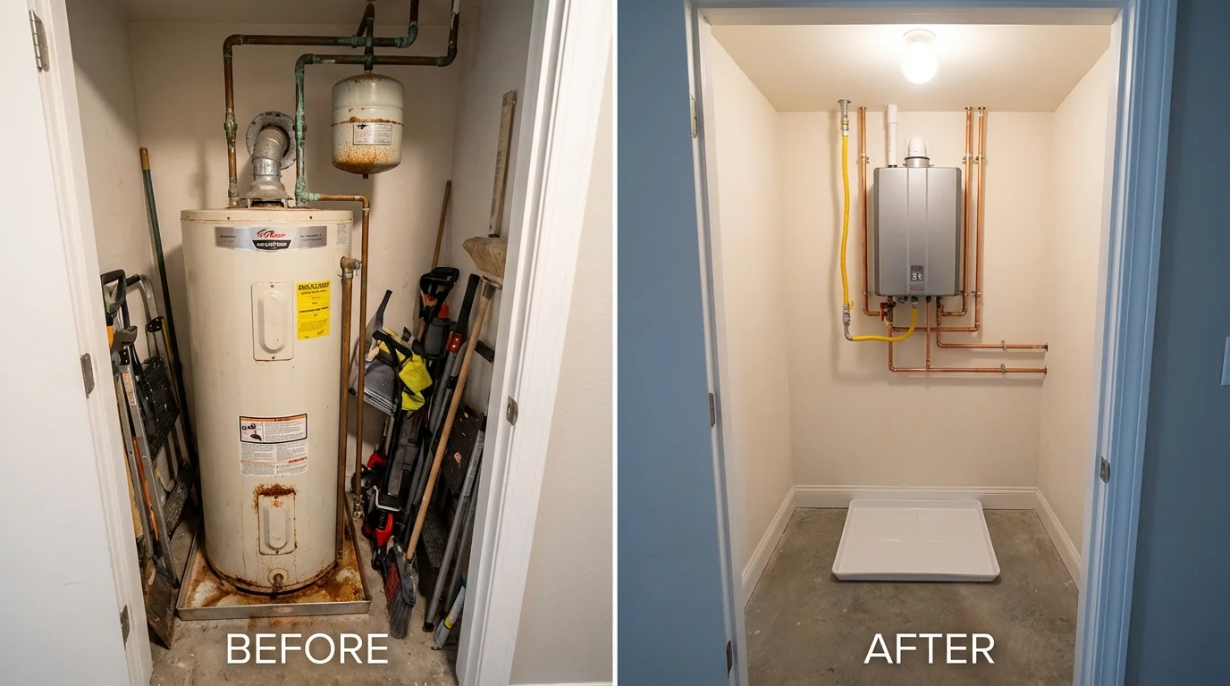 Tank water heater versus wall-mounted tankless unit comparison for Palmdale, CA homeowners