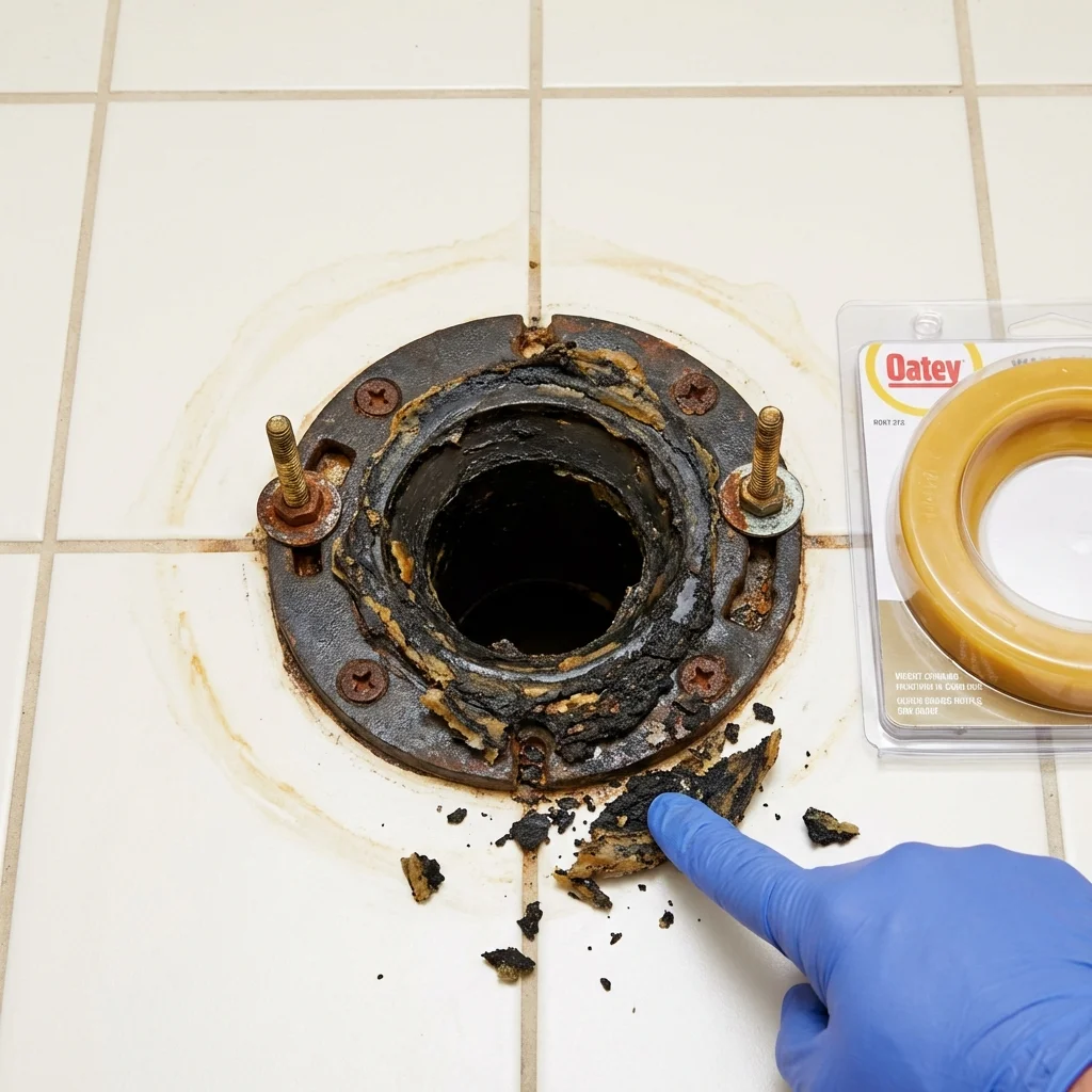 Failed wax ring showing water seepage at the base of a toilet in a Palmdale, CA home