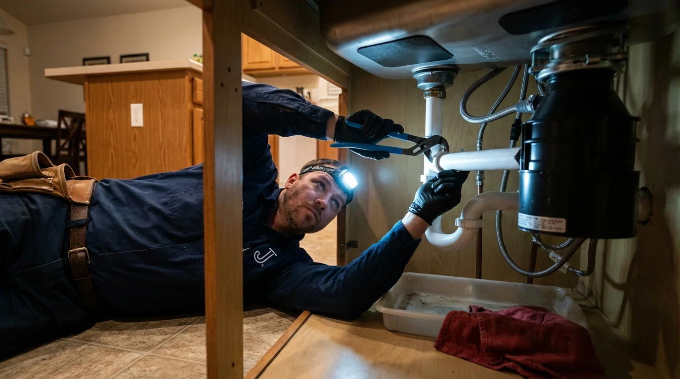 P-trap and supply line connections under a kitchen sink showing a common leak point in Palmdale, CA